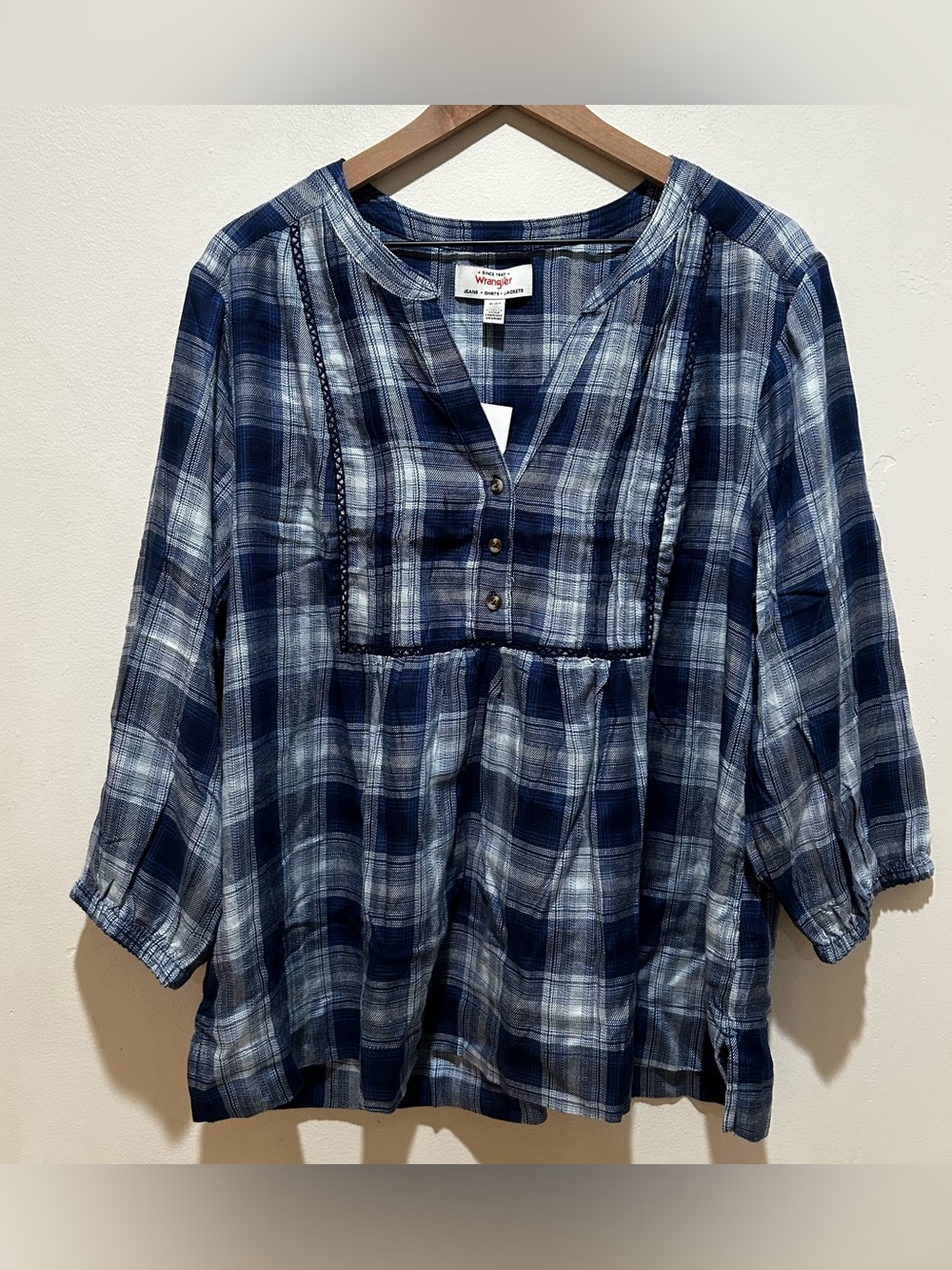 NWT Wrangler Babydoll Style Blue Plaid Blouse Shirt - Women’s Size XL